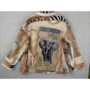 VTG Heirlooms‎ Womens Jacket XL Safari Jacquard Elephant Giraffe Africa Art Wear